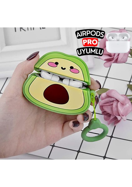 Airpods Pro Uyumlu Avokado Figürlü Koruyucu Kılıf, Darbeye Dayanıklı Kopçalı Silikon Avokado Kılıf