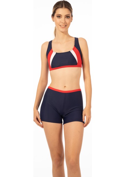 Kadın Şortlu Yüzücü Bikini Takımı - Kırmızı Lacivert