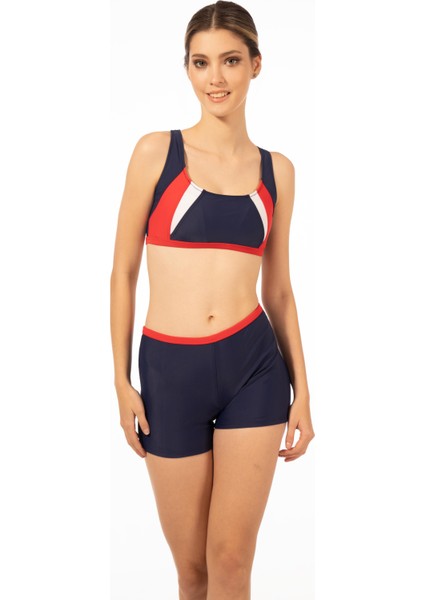 Kadın Şortlu Yüzücü Bikini Takımı - Kırmızı Lacivert