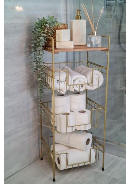 Ahşap Metal Çok Amaçlı 3 Katlı Banyo Düzenleyici Organizer Gold - NI22RAF002-GLD