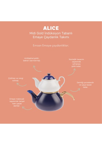 Alice Midi Gold Emaye Kobalt Porselen Demlikli Çaydanlık Takımı indirimleri