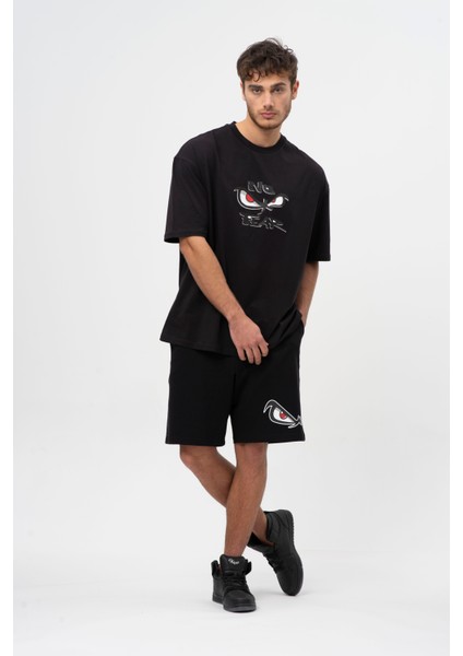 Siyah Bisiklet Yaka Baskılı Kısa Kol Erkek Penye T-shirt