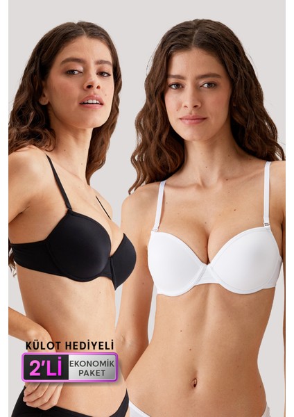 2'li Ekonomik Paket Siyah-Beyaz 6015 Milan Push Up Dolgulu Micro T-Shirt Sütyen Seti Slip Hediyeli