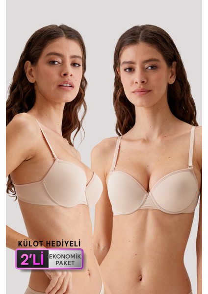 2'li Ekonomik Paket Ten-Ten 6015 Milan Push Up Dolgulu Micro T-Shirt Sütyen Seti Slip Hediyeli
