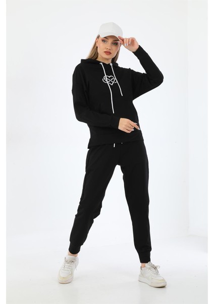 Kalp Desenli Günlük Sweat Jogger Kadın Spor Kombin Siyah