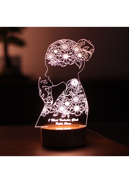 Kadınlar Günü LED Masa Lambası Ahşap Taban 7 Farklı Işık Renkli