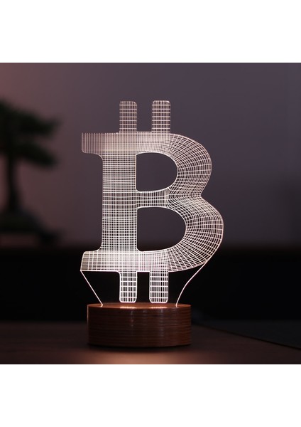 Bitcoin LED Gece Lambası Ahşap Taban 7 Farklı Işık Renkli