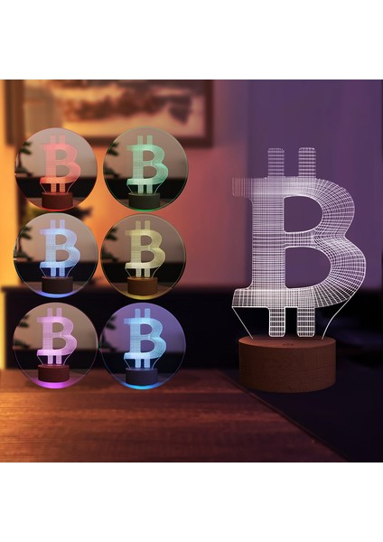Bitcoin LED Gece Lambası Ahşap Taban 7 Farklı Işık Renkli