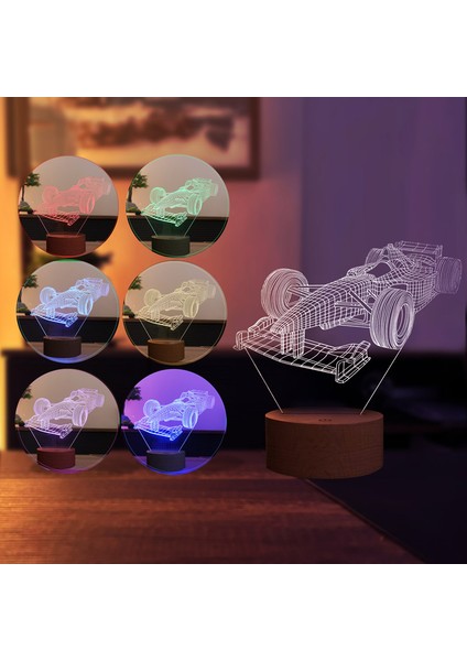Yarış Arabası LED Lamba Ahşap Taban 7 Farklı Işık Renkli
