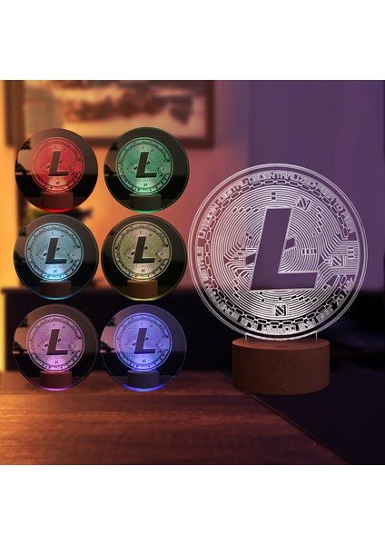 Litecoin LED Masa Lambası Ahşap Taban 7 Farklı Işık Renkli