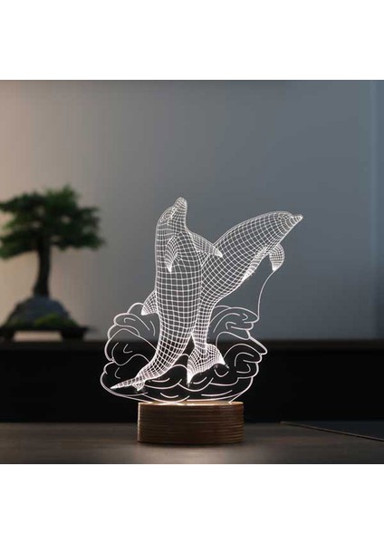Yunuslar LED Masa Lambası Ahşap Taban 7 Farklı Işık Renkli