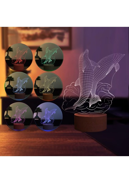 Yunuslar LED Masa Lambası Ahşap Taban 7 Farklı Işık Renkli