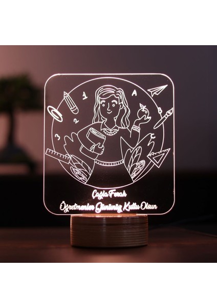 Öğretmenler Gününe Özel LED Masa Lambası Ahşap Taban 7 Farklı Işık Renkli