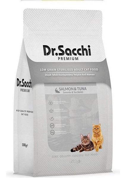 Dr.sacchi Premium Düşük Tahıllı Somonlu ve Ton Balıklı Kısırlaştırılmış Kedi Maması 1.5 kg