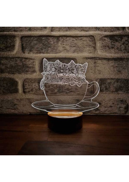Kupadaki Kediler LED Gece Lambası Ahşap Taban 7 Farklı Işık Renkli