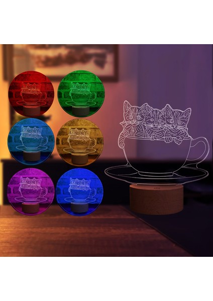 Kupadaki Kediler LED Gece Lambası Ahşap Taban 7 Farklı Işık Renkli