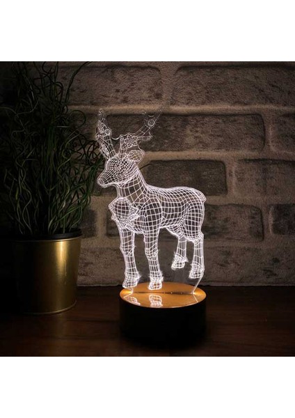 Yeni Yıl Geyiği LED Gece Lambası Ahşap Taban 7 Farklı Işık Renkli