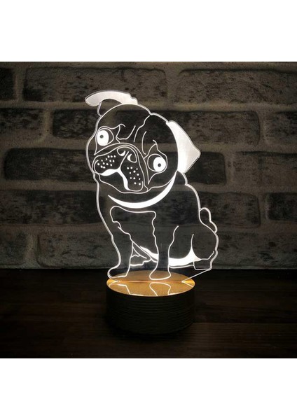 Pug Köpek LED Masa Lambası Ahşap Taban 7 Farklı Işık Renkli