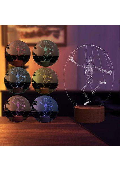 Iskelet LED Masa Lambası Ahşap Taban 7 Farklı Işık Renkli