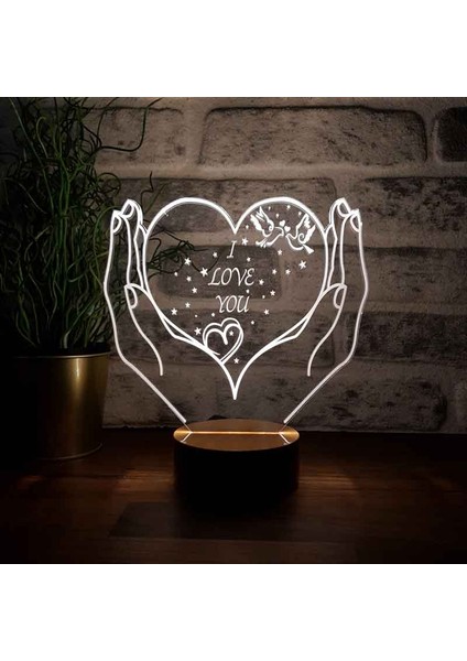 Kalpli I Love You LED Lamba Ahşap Taban 7 Farklı Işık Renkli