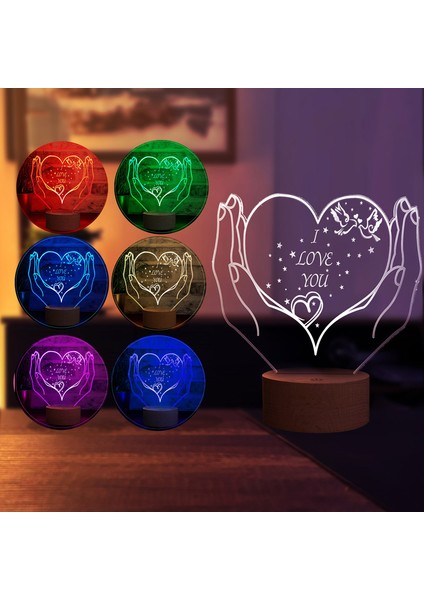 Kalpli I Love You LED Lamba Ahşap Taban 7 Farklı Işık Renkli