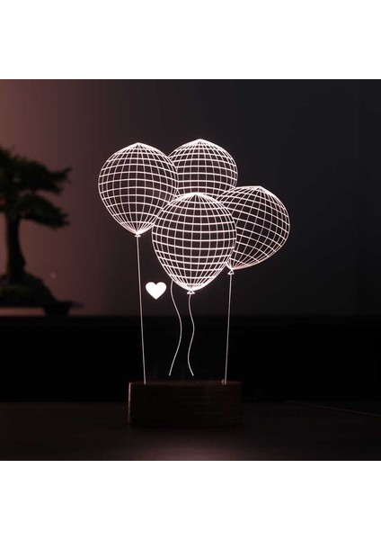 Balon LED Masa Lambası Ahşap Taban 7 Farklı Işık Renkli