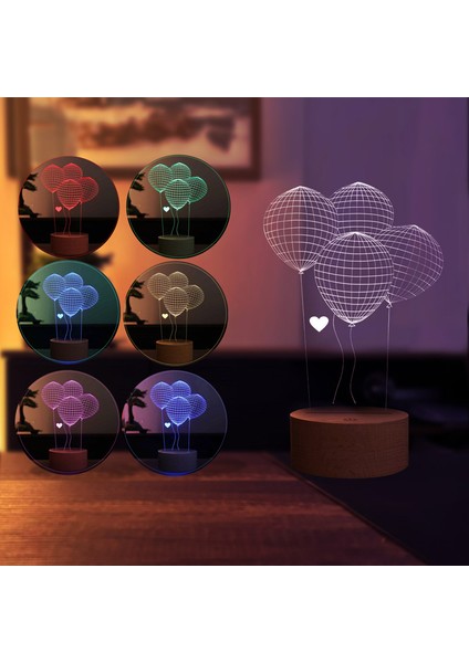 Balon LED Masa Lambası Ahşap Taban 7 Farklı Işık Renkli