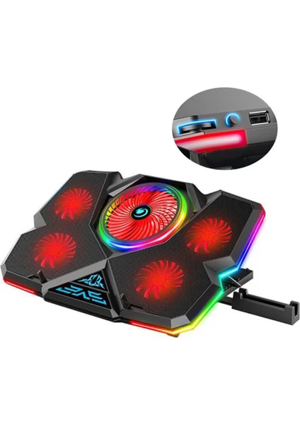 Cool Cold Gaming Notebook Soğutucu Kırmızı LED Telefon Tutuculu 5 Fanlı Rgb Işıklı Yükseklik ve Fan Hız Ayarlı