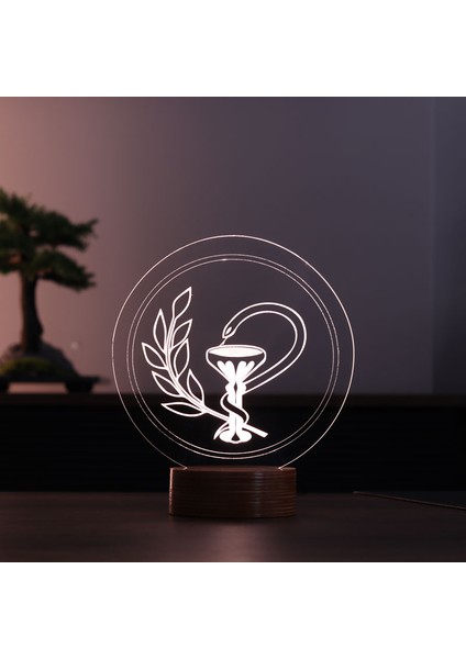 Eczane Logo Figürlü Dekoratif Hediye Led Masa Lambası | 7 Işık Rengi | Ahşap Taban