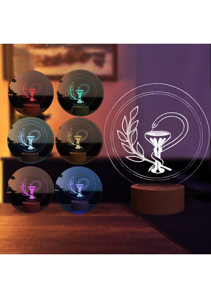 Eczane Logo Figürlü Dekoratif Hediye Led Masa Lambası | 7 Işık Rengi | Ahşap Taban