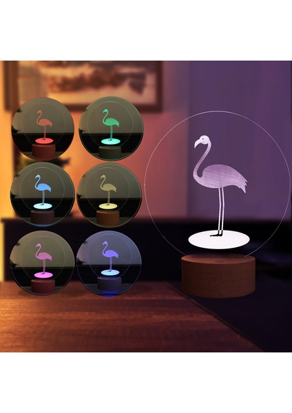 Flamingo LED Masa Lambası Ahşap Taban 7 Farklı Işık Renkli
