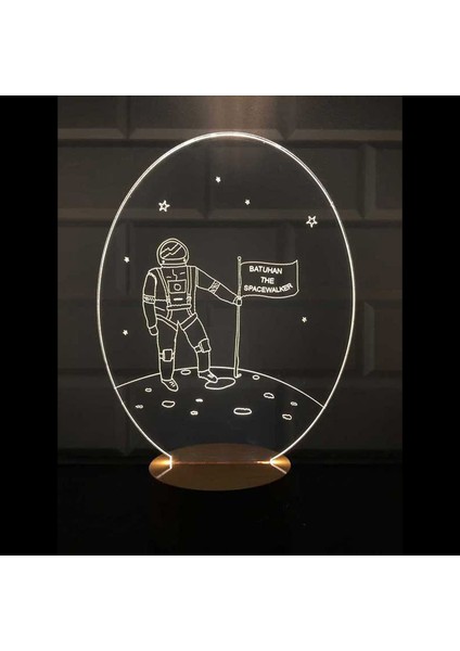 Astronot Figürlü Dekoratif Hediye Led Masa Lambası | 7 Işık Rengi | Ahşap Taban