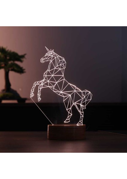 Unicorn At Figürlü Dekoratif Hediye Led Masa Lambası | 7 Işık Rengi | Ahşap Taban