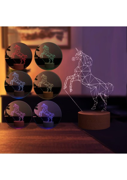 Unicorn At Figürlü Dekoratif Hediye Led Masa Lambası | 7 Işık Rengi | Ahşap Taban