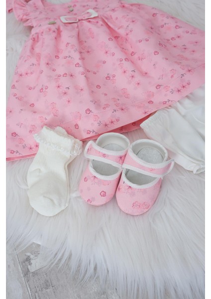 Patik Bandana Çorap Külot Kız Bayramlık Elbise Kutulu 5'li Set Pembe 11727 modelleri