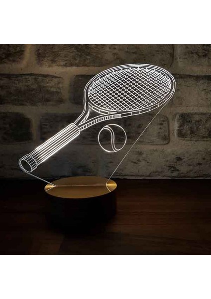 Tenis Raketi Figürlü Dekoratif Hediye Led Masa Lambası | 7 Işık Rengi | Ahşap Taban