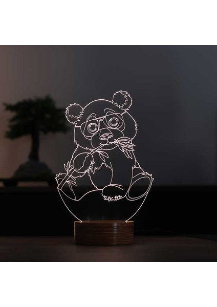 Panda Figürlü Dekoratif Hediye Led Masa Lambası | 7 Işık Rengi | Ahşap Taban