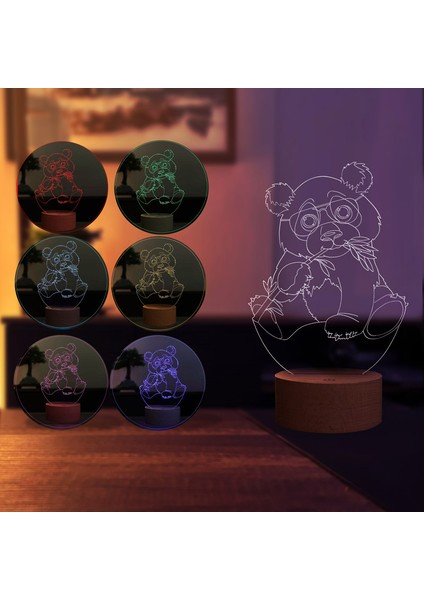 Panda Figürlü Dekoratif Hediye Led Masa Lambası | 7 Işık Rengi | Ahşap Taban