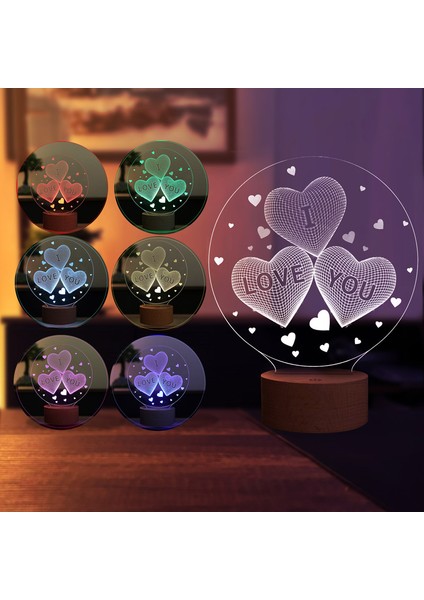 I Love You Figürlü Dekoratif Hediye Led Masa Lambası | 7 Işık Rengi | Ahşap Taban