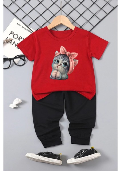 Çocuk Sevimli Kedi Alt - Üst Eşofman Takımı