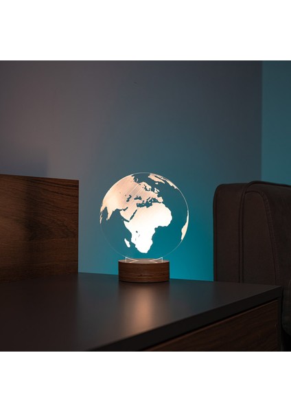 Dünya Haritası LED Masa Lambası Ahşap Taban 7 Farklı Işık Renkli