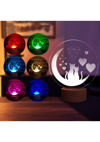 Kediler ve Aşk LED Masa Lambası Ahşap Taban 7 Farklı Işık Renkli