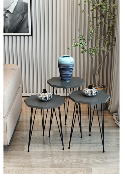 3'lü Zigon Sehpa Sekizgen Model Zigon Sehpa Metal Tel Ayak