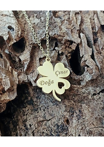 Gümüş Isimli Yonca Kolye 4 Yapraklı Yonca Kolye