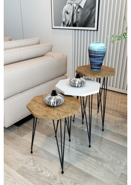 3'lü Zigon Sehpa Sekizgen Model Zigon Sehpa Metal Tel Ayak