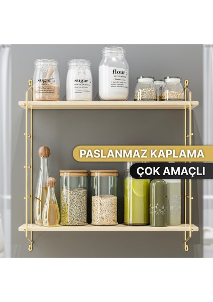 Duvar Rafı Masif Doğal Ahşap Büyük Boy Geniş 2 Katlı Gold Kitaplık Terek Mutfak Rafı Banyo Rafı fiyatları