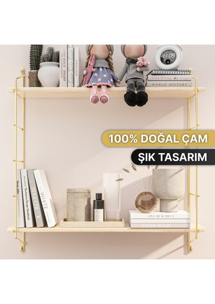 Duvar Rafı Masif Doğal Ahşap Büyük Boy Geniş 2 Katlı Gold Kitaplık Terek Mutfak Rafı Banyo Rafı fırsatları
