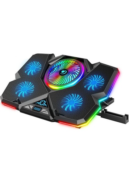 12 Rgb Işık Modlu LCD Ekranlı Notebook Soğutucu - Yükseklik Ayarlı Fan Hız Kontrollü Telefon Tutucu