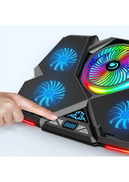 12 Rgb Işık Modlu LCD Ekranlı Notebook Soğutucu - Yükseklik Ayarlı Fan Hız Kontrollü Telefon Tutucu