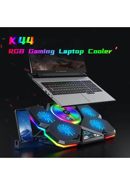 12 Rgb Işık Modlu LCD Ekranlı Notebook Soğutucu - Yükseklik Ayarlı Fan Hız Kontrollü Telefon Tutucu